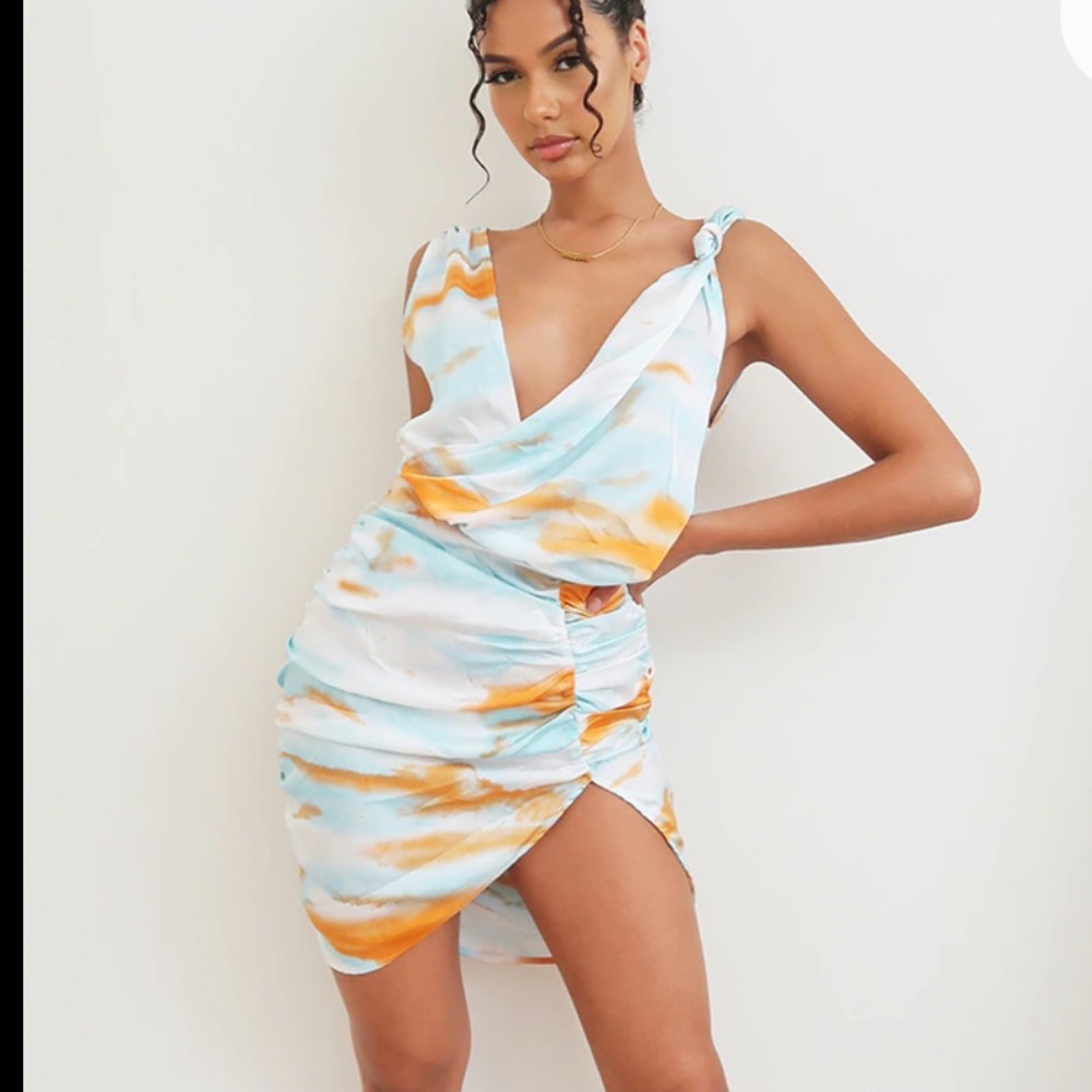 Pretty Little Thing Tie dye ruched bodycon dress